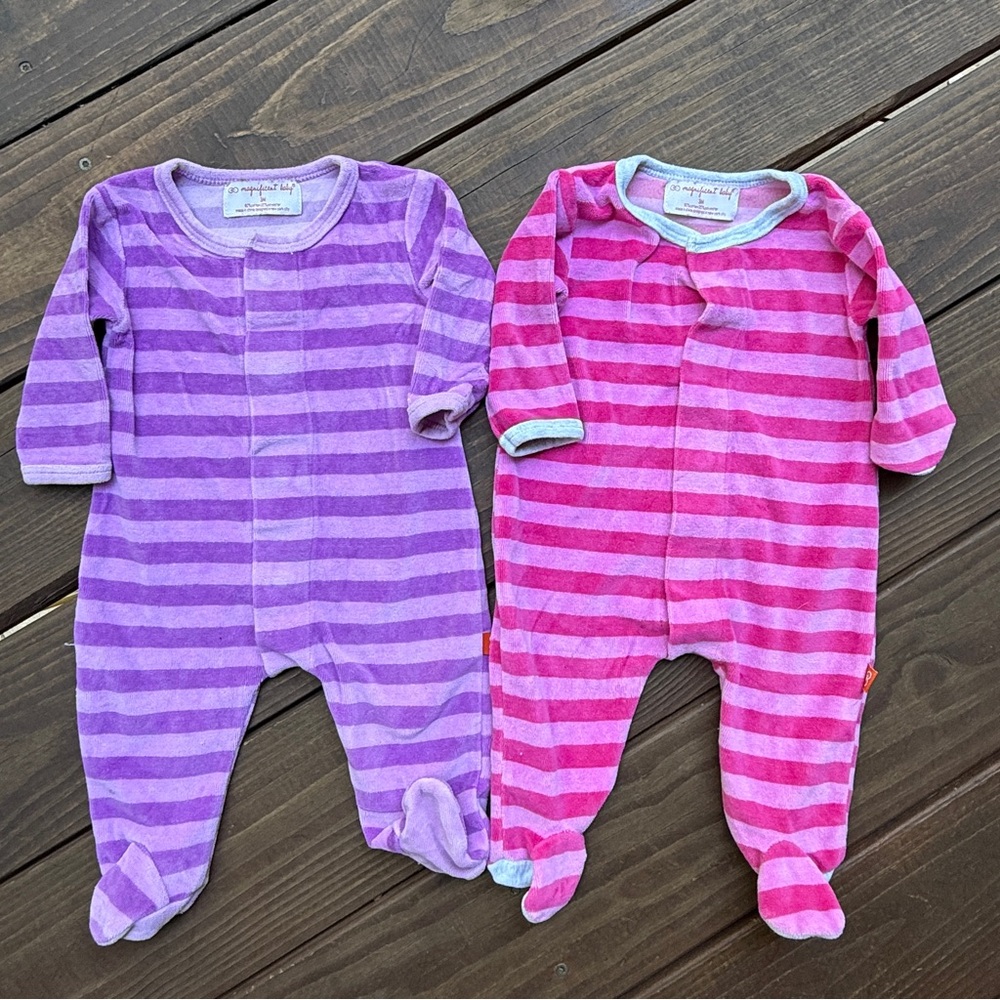 Magnificent Baby - Pink and Purple Striped Velour Footie